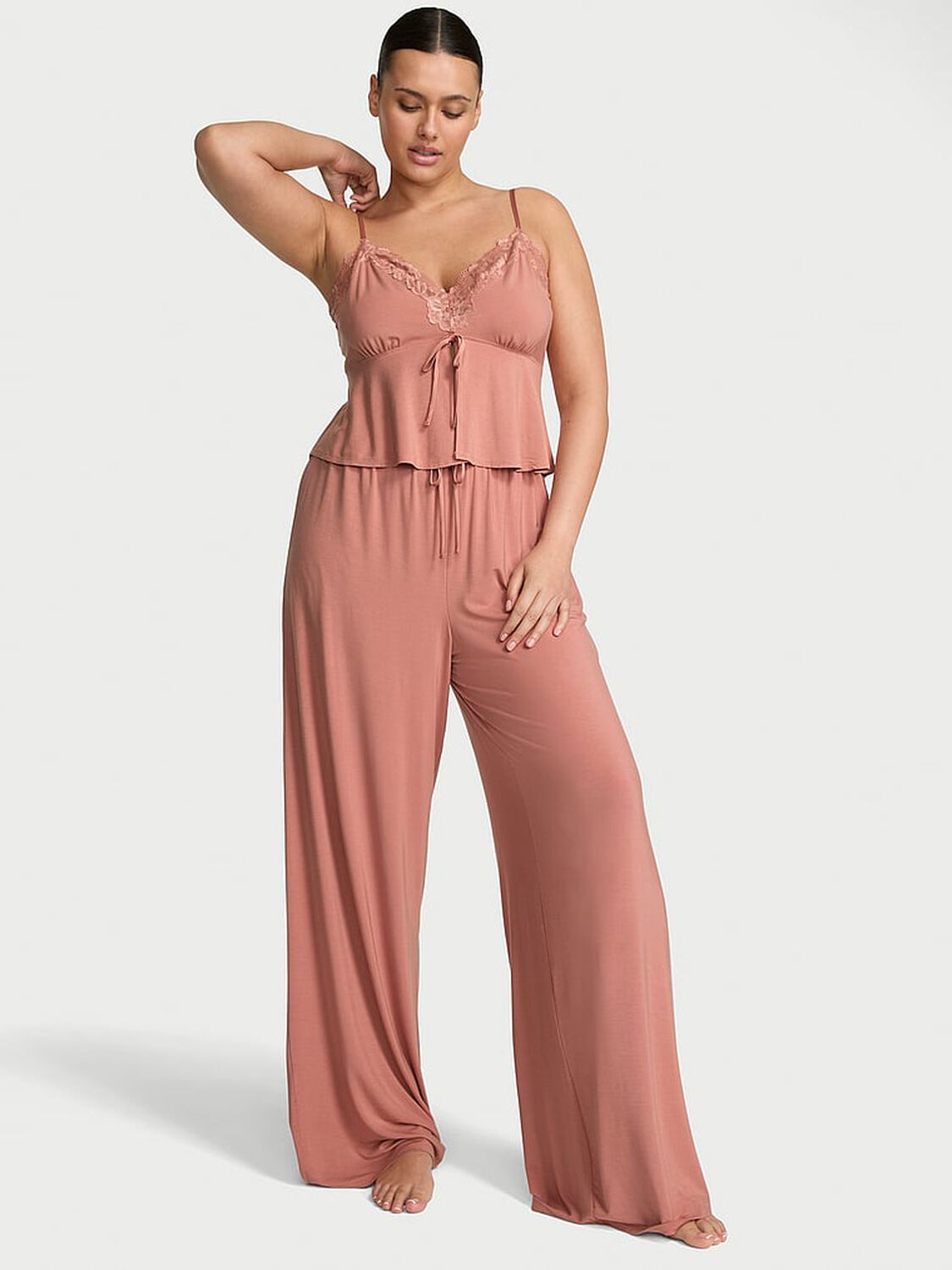 vs Victoria's Secret Modal Soft Lace-Trim Cami & Wide-Leg Pant Set Desert Blush 1 of 3 