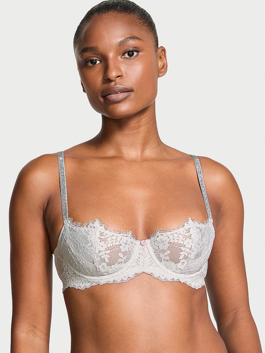 vs Dream Angels Wicked Twinkle Strap Unlined Lace Balconette Bra Silver Pearl 1 of 4 