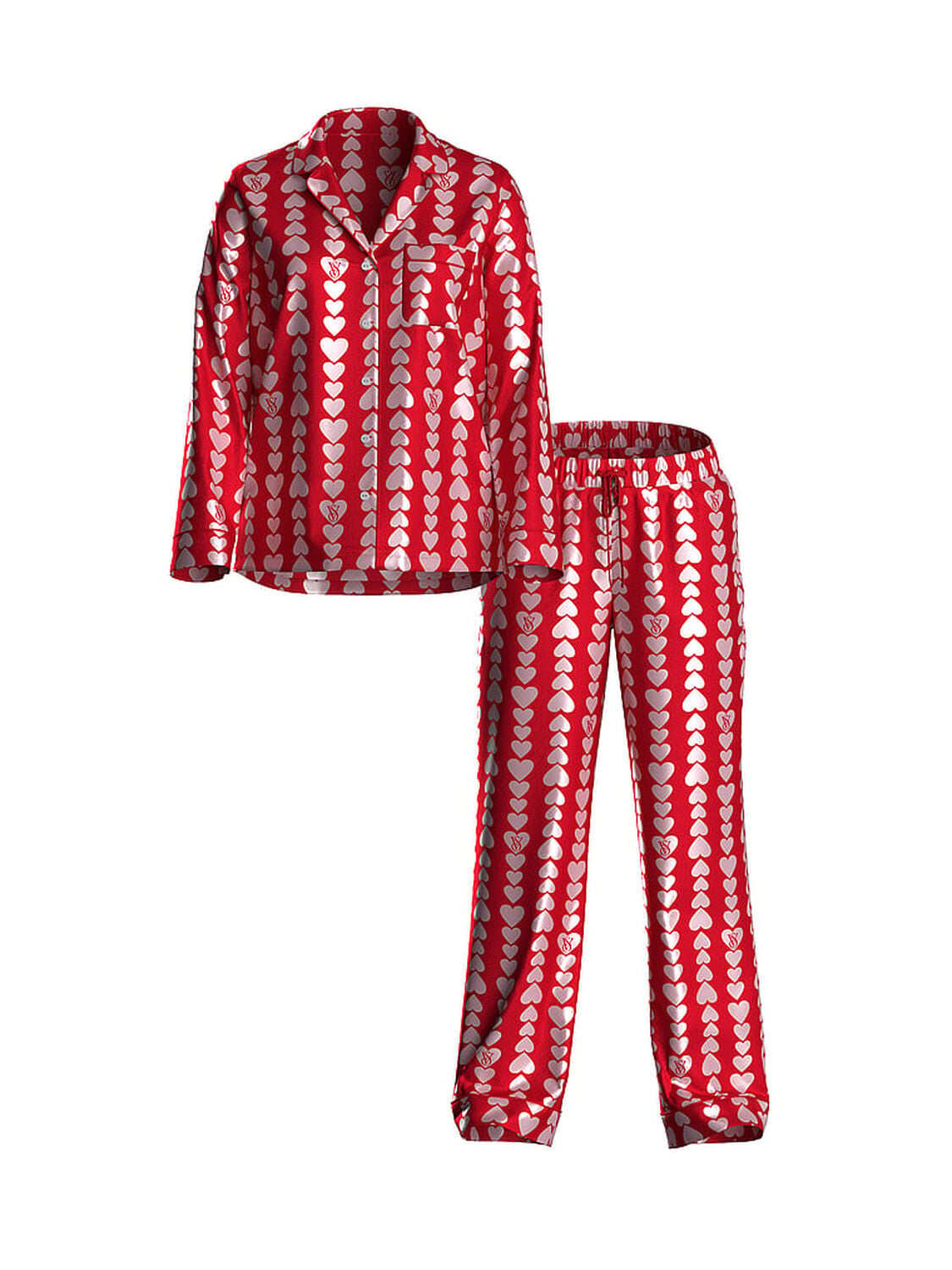 vs Victoria's Secret Glazed Satin Long Pajama Set Lipstick/Petal Pink Scattered Hearts 3 of 3 