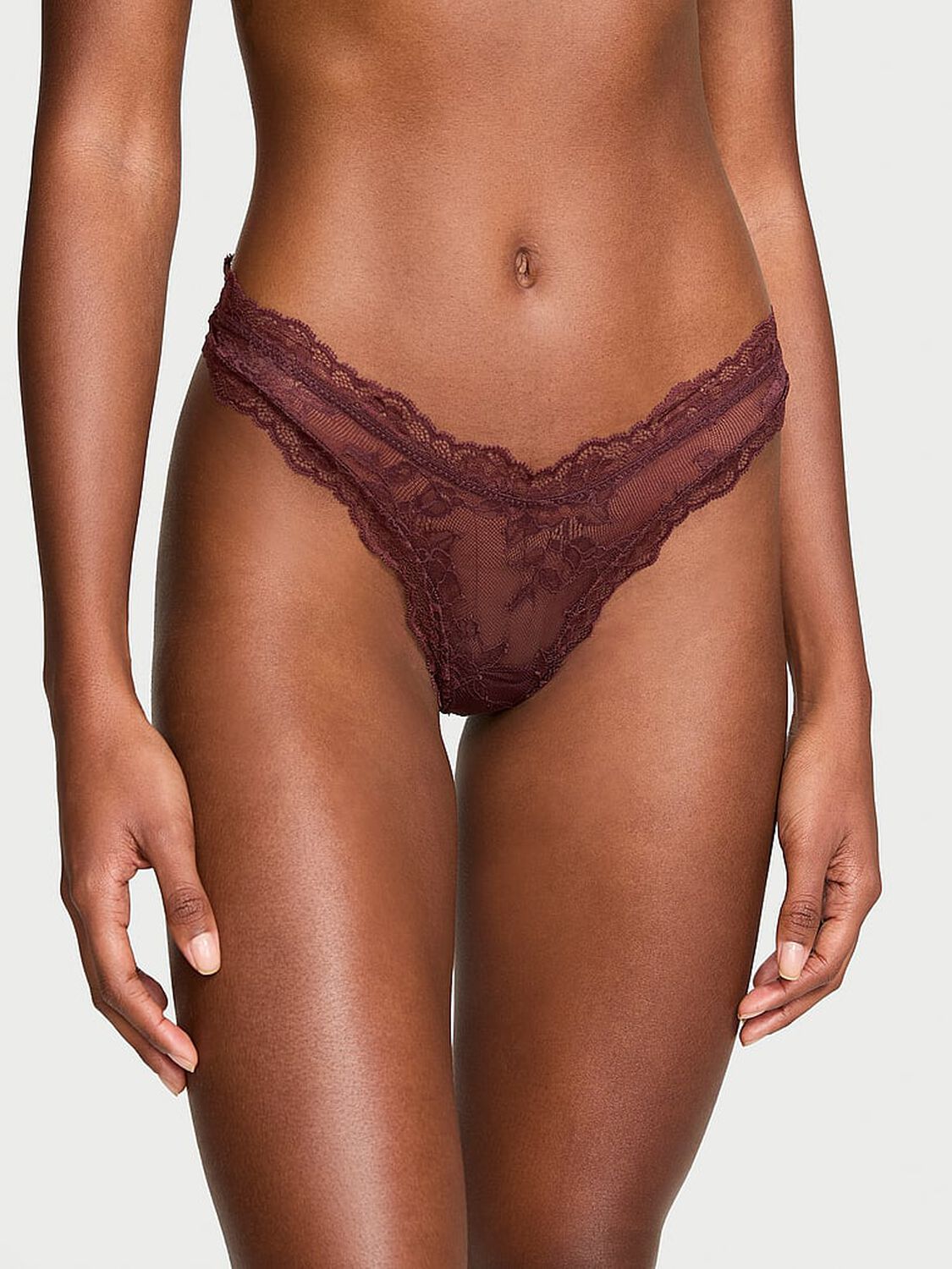 vs Very Sexy Rose Lace High-Leg Thong Panty Burgundy Brown 1 of 4 