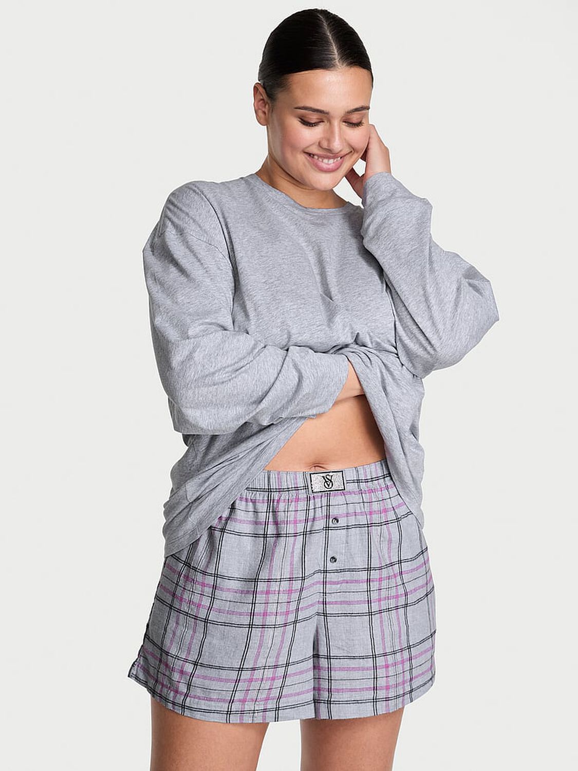vs Victoria's Secret Flannel Long-Sleeve Short Tee-Jama Set Heather Medium Grey Simple Plaid 1 of 3 