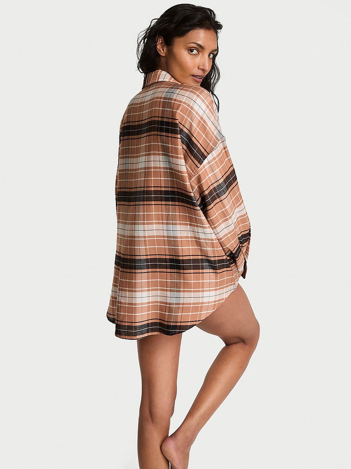 vs Victoria's Secret Modal-Cotton Button-Front Sleepshirt Toffee Bold Plaid 2 of 3 
