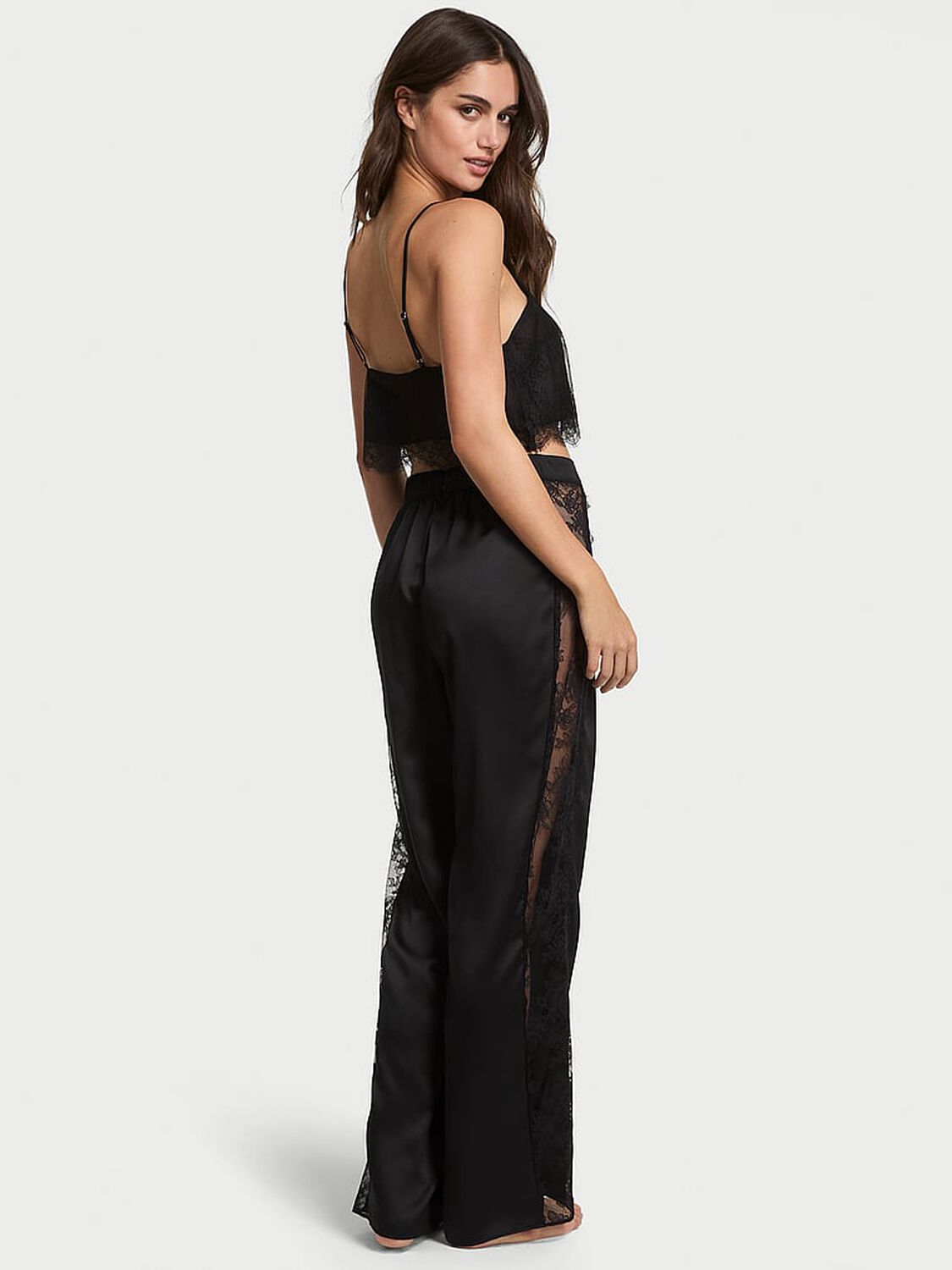 vs Victoria's Secret Sheer Rose Satin Crop Top & Pants Set Black 2 of 2 