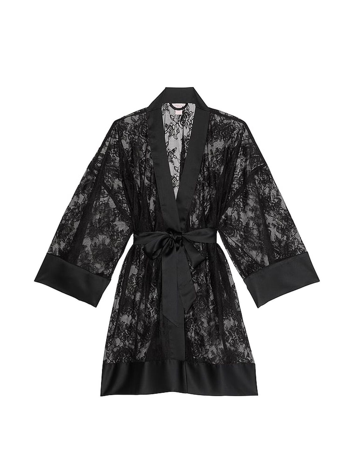 vs Victoria's Secret Rose Lace Satin-Trim Short Robe Jet Black 3 of 4 