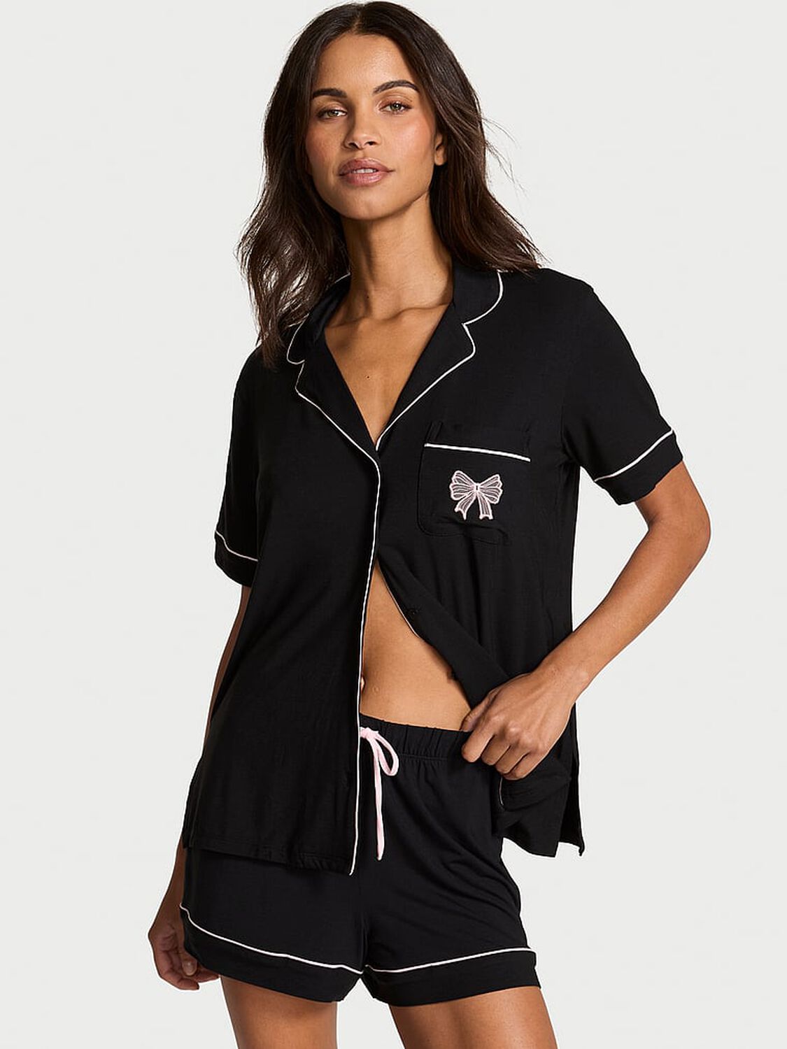vs Victoria's Secret Modal Soft Bow Short Pajama Set Black W Angel Pink Bow 1 of 4 