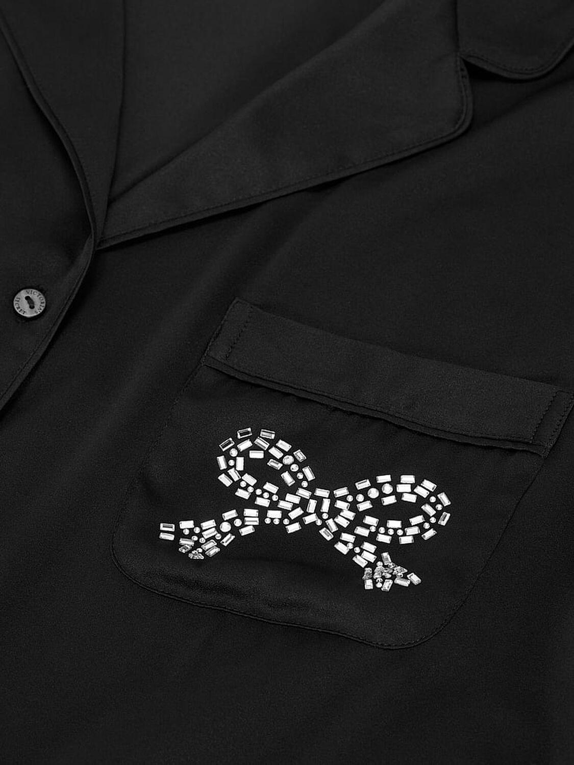 vs Victoria's Secret Glazed Satin Short Pajama Set Black W Diamante Pocket Bow 4 of 4 