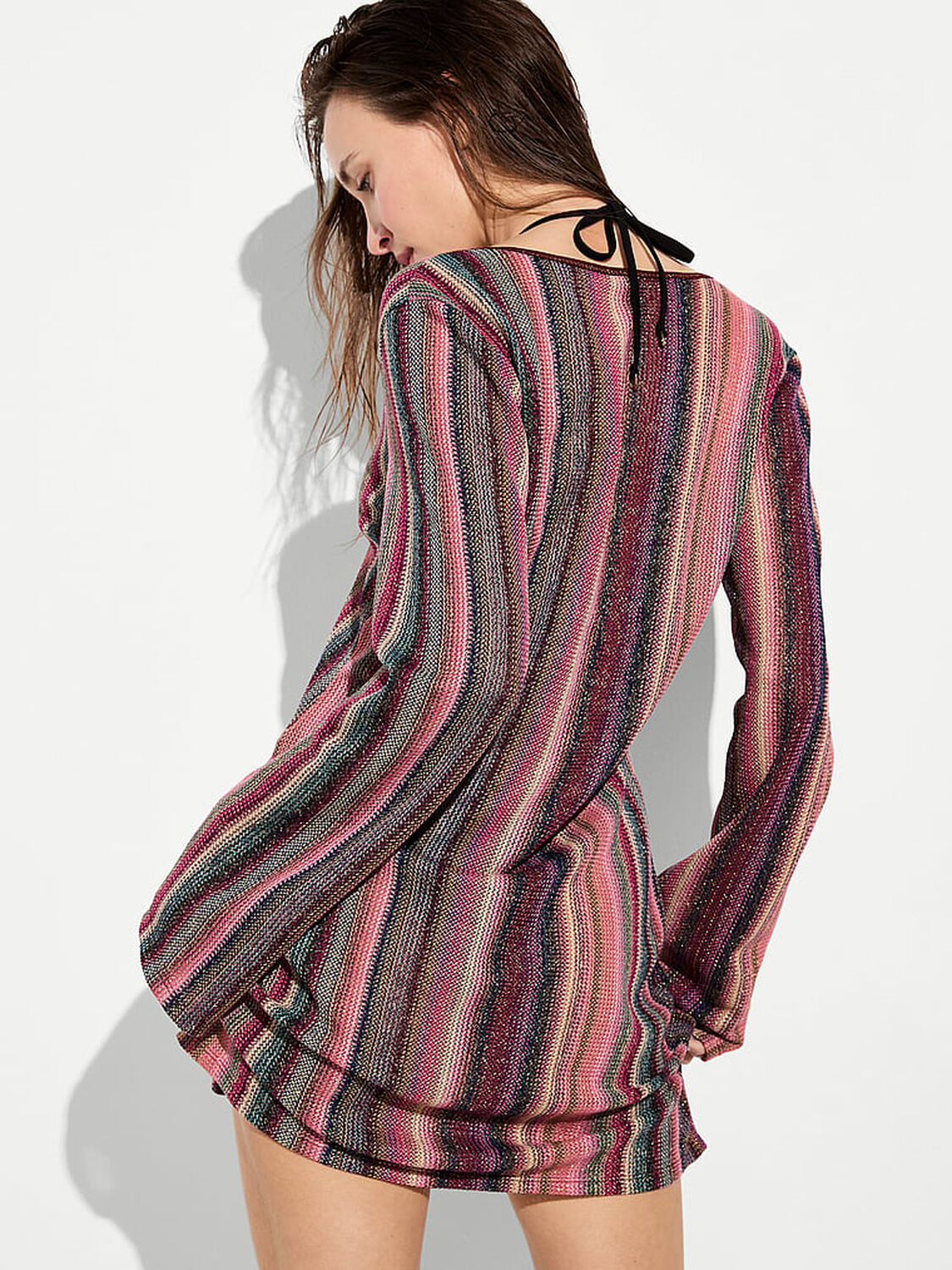 vs Victoria's Secret Swim Beachwear Shimmer Knit Long-Sleeve Mini Dress Dark Chili Shimmer Stripes 2 of 3 