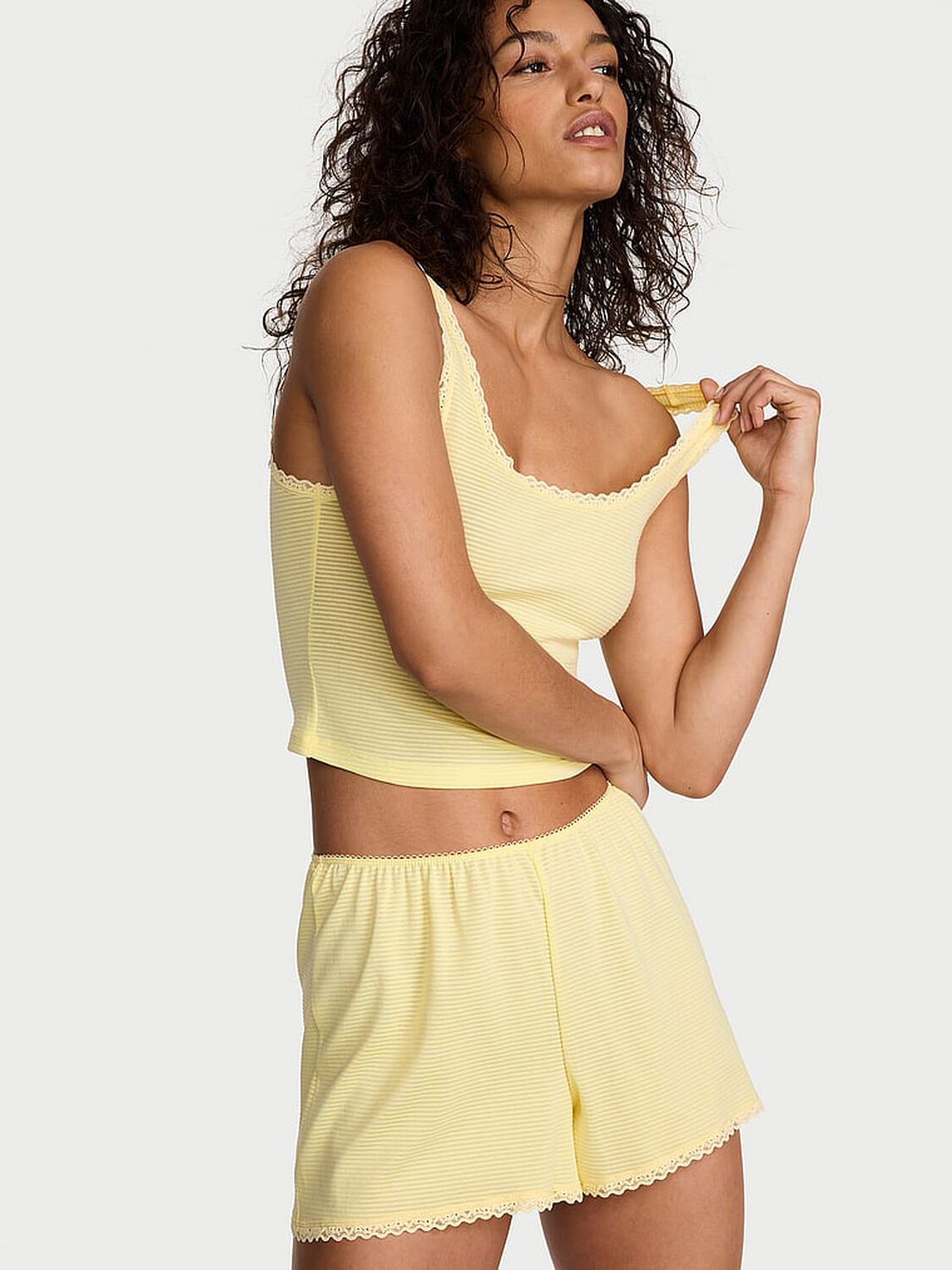 vs Victoria's Secret Cotton Shadow Stripe Cropped Tank & Shorts Set Lemonade 1 of 3 