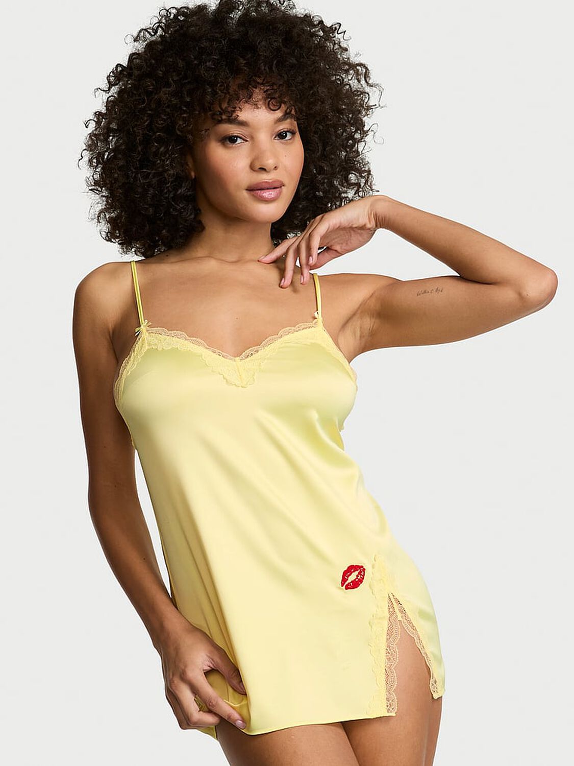 vs Victoria's Secret Tease Satin Lace-Trim Mini Slip Dress Lemonade 1 of 4 