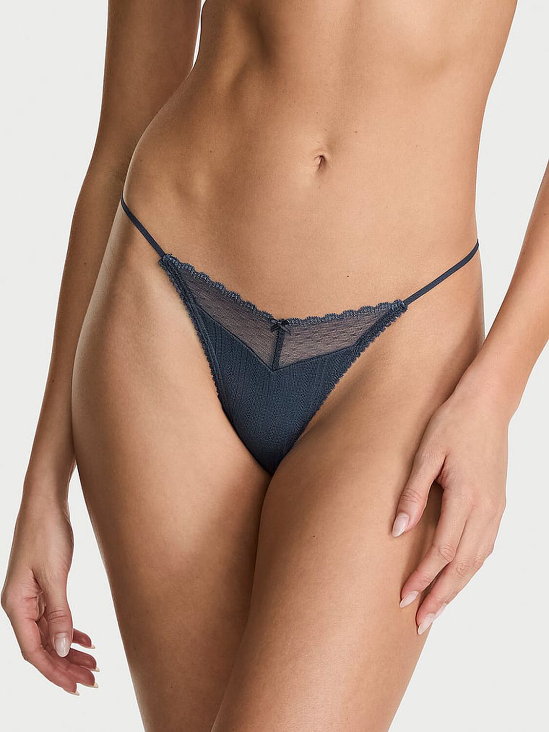 vs Victoria's Secret Stretch Pointelle V-String Panty Monaco Blue 1 of 3 