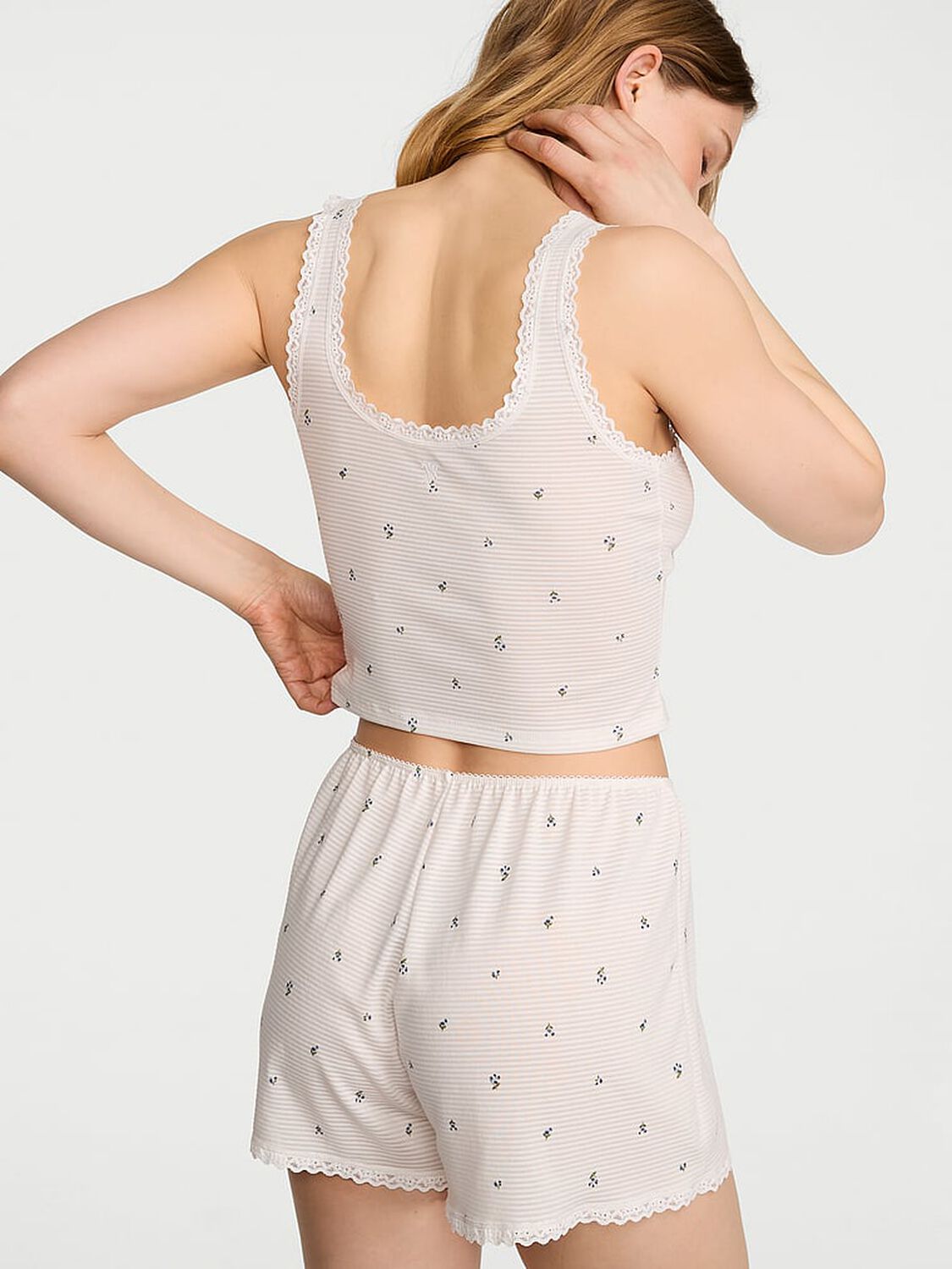 vs Victoria's Secret Cotton Shadow Stripe Cropped Tank & Shorts Set Coconut White Floral 2 of 3 