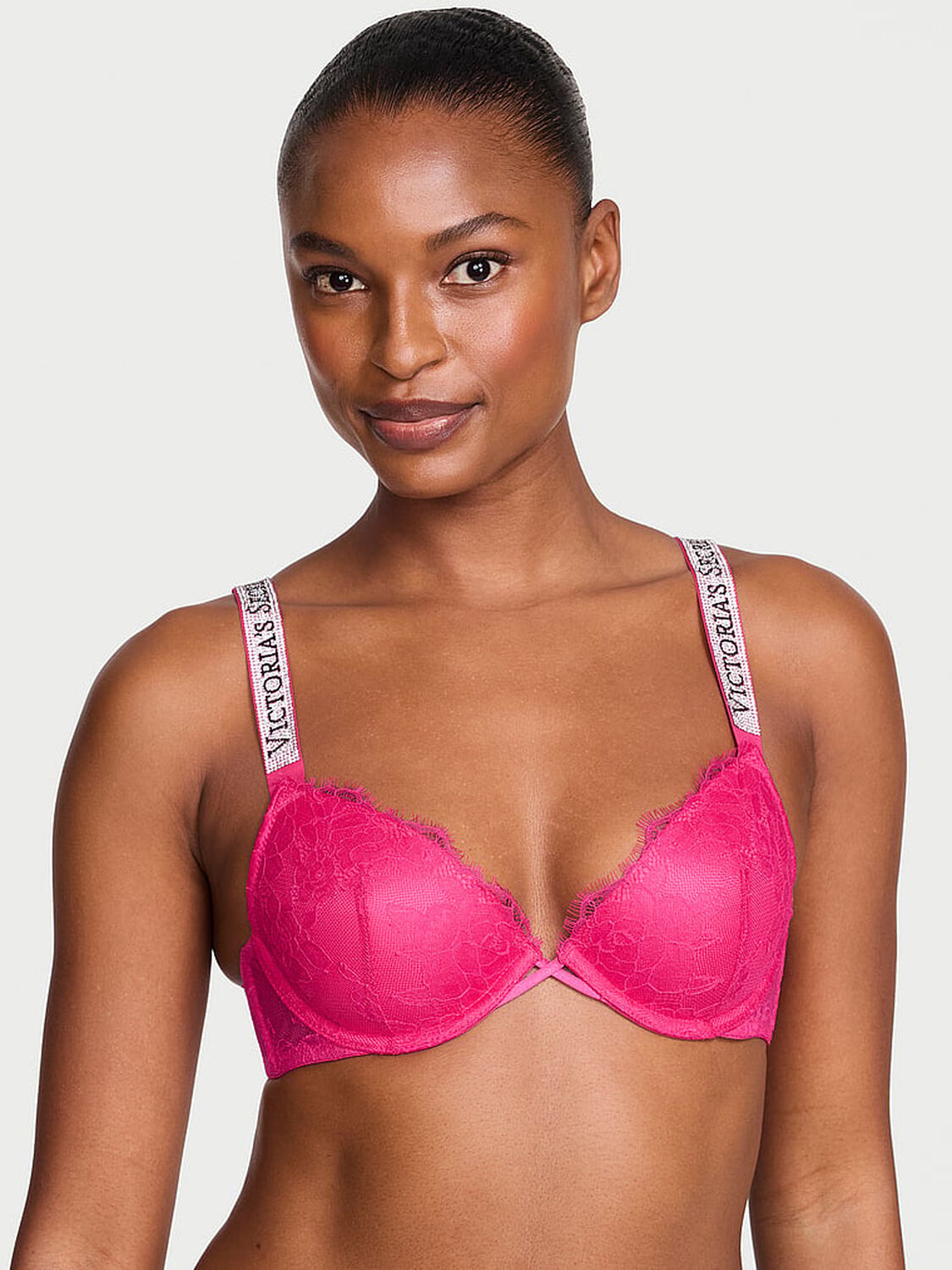 vs Very Sexy Shine Strap Rose Lace Lightly Lined Low-Cut Demi Bra Pop Pink 1 of 3 