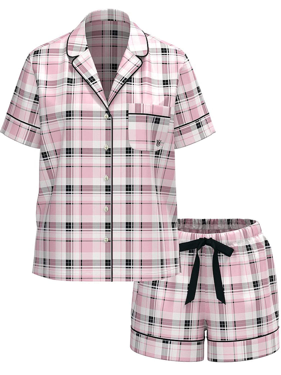 vs Victoria's Secret Flannel Short Pajama Set Coconut White/Black White Gold Lurex Yd Plaid 3 of 3 