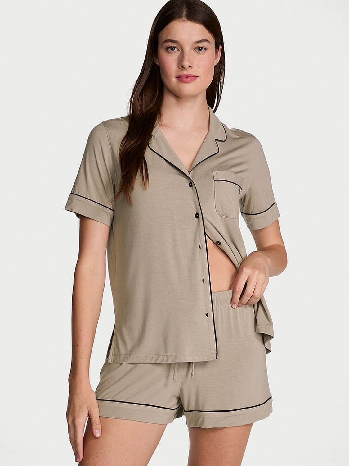 vs Victoria's Secret Modal Soft Short Pajama Set Turtle Dove W Black Piping 1 of 3 