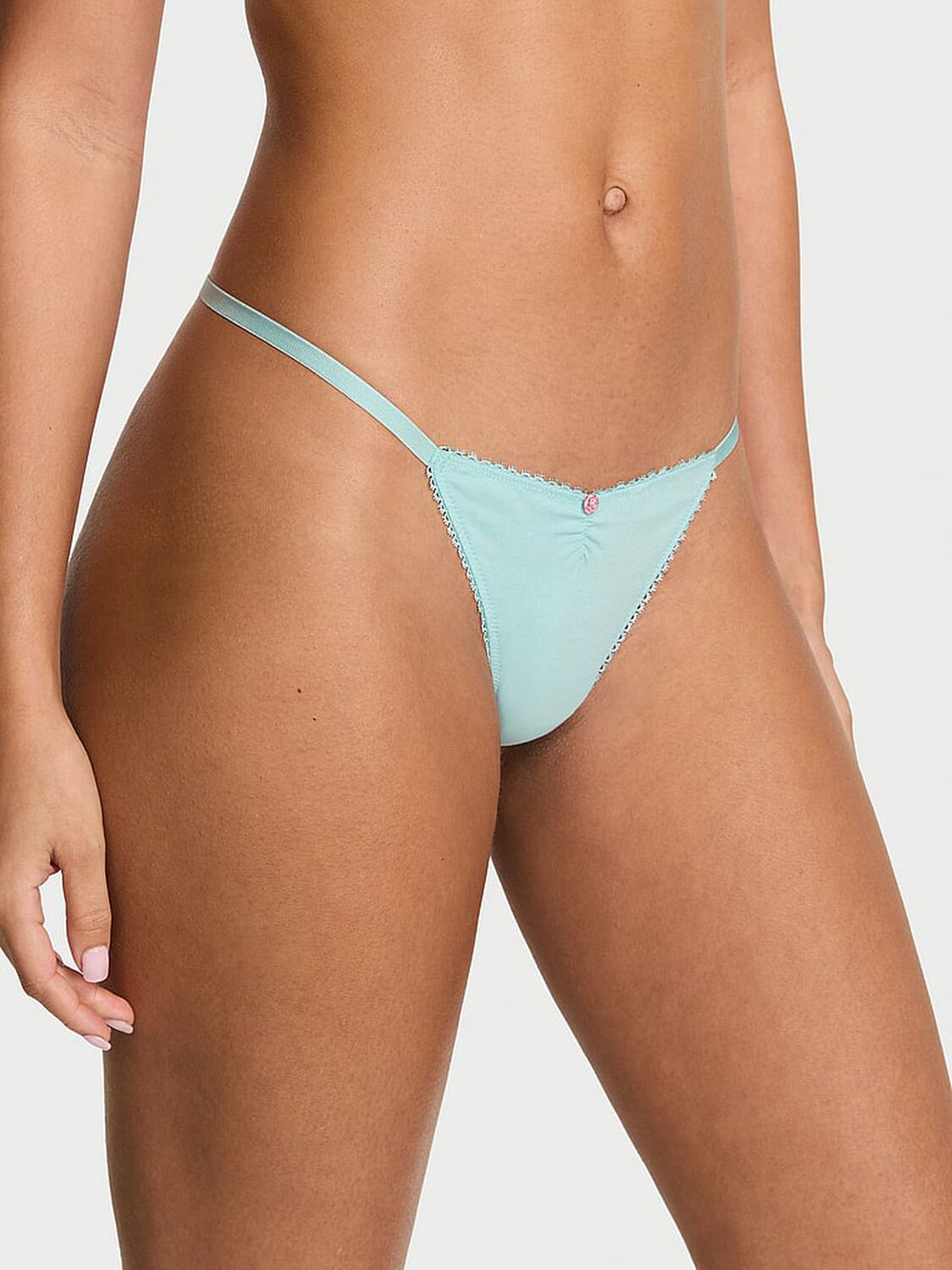 vs Victoria's Secret Stretch Cotton Heart Lace V-String Panty Canal Blue 1 of 3 
