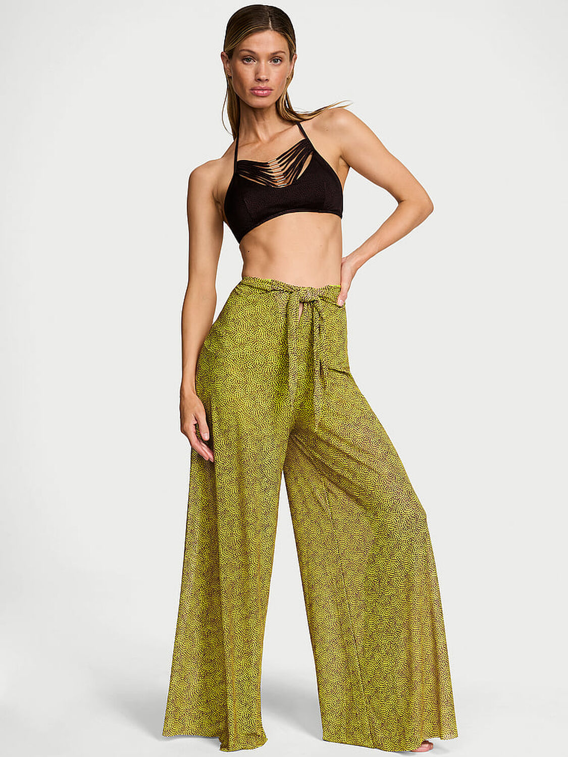 vs Victoria's Secret Swim Beachwear Mesh Tie-Front Cover-Up Pants Limelight Dots 1 of 3 