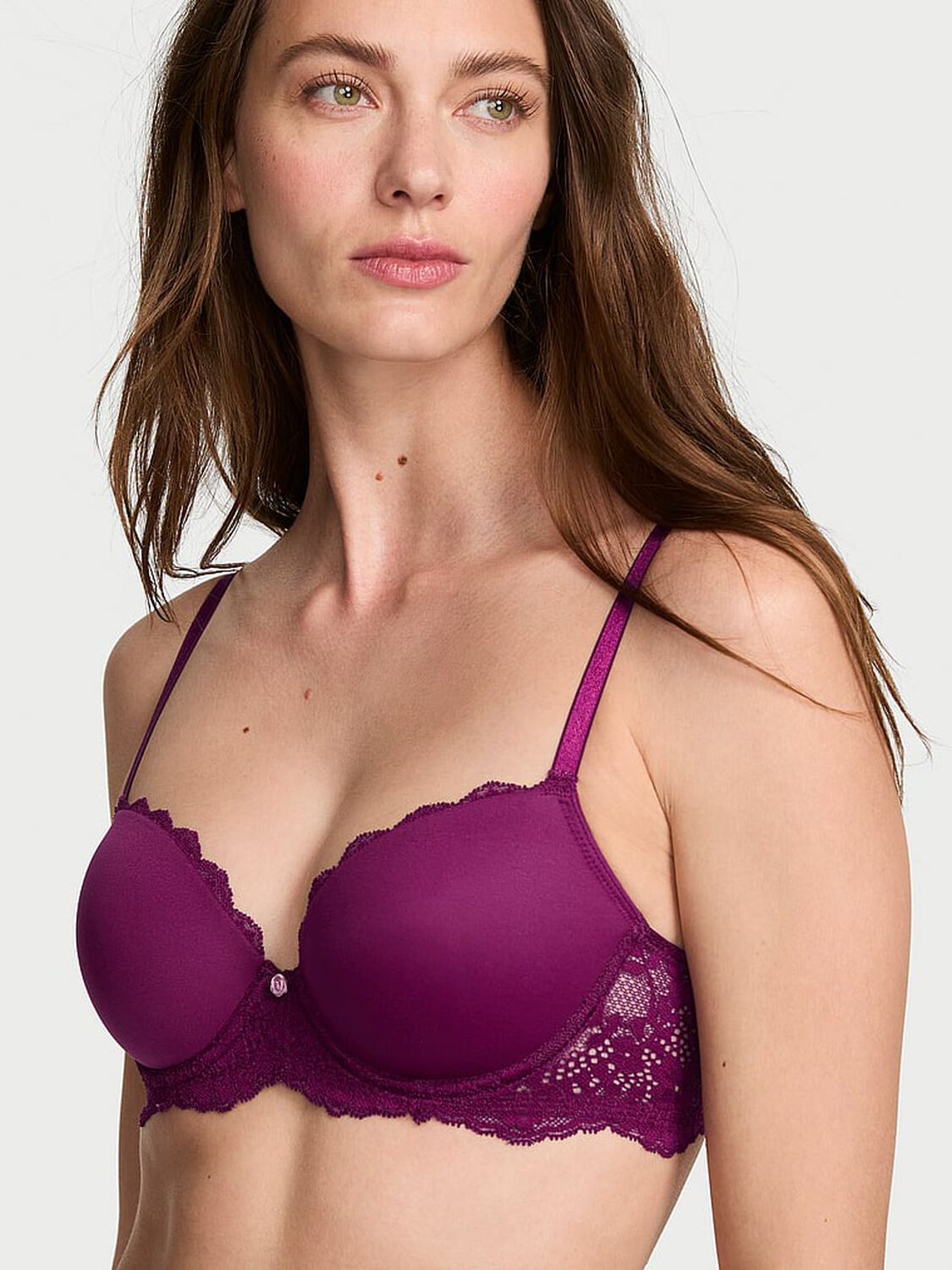 vs Dream Angels Smooth & Lace Lightly Lined Demi Bra Rhubarb 1 of 3 