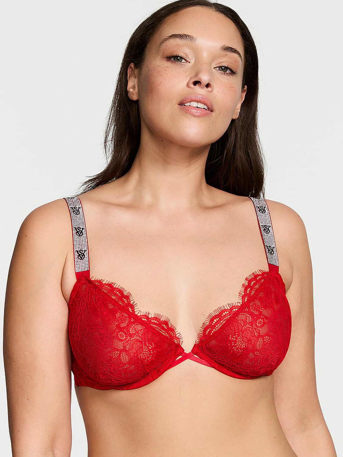 vs Very Sexy Shine Strap Unlined Low-Cut Lace Demi Bra Lipstick 1 of 3 