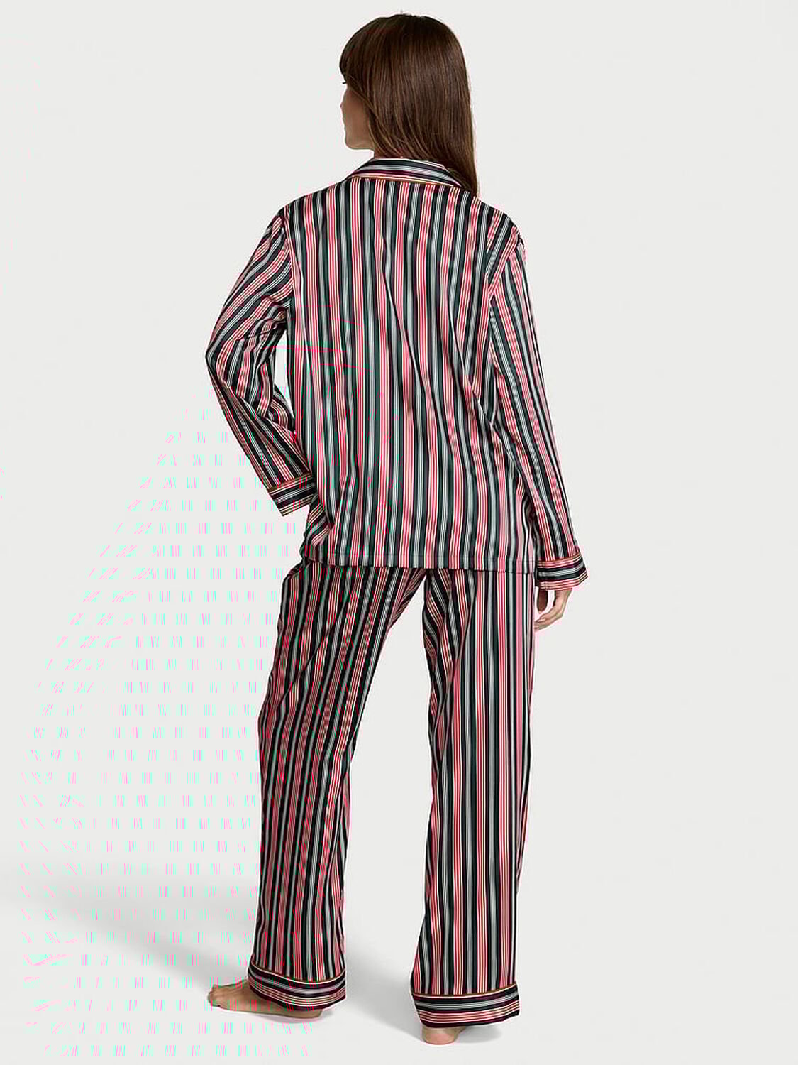 vs Victoria's Secret Glazed Satin Long Pajama Set Festive Red & Green Stripe 2 of 2 