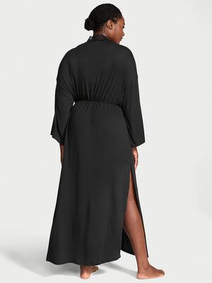 Ribbed Modal Lace-Trim Long Robe