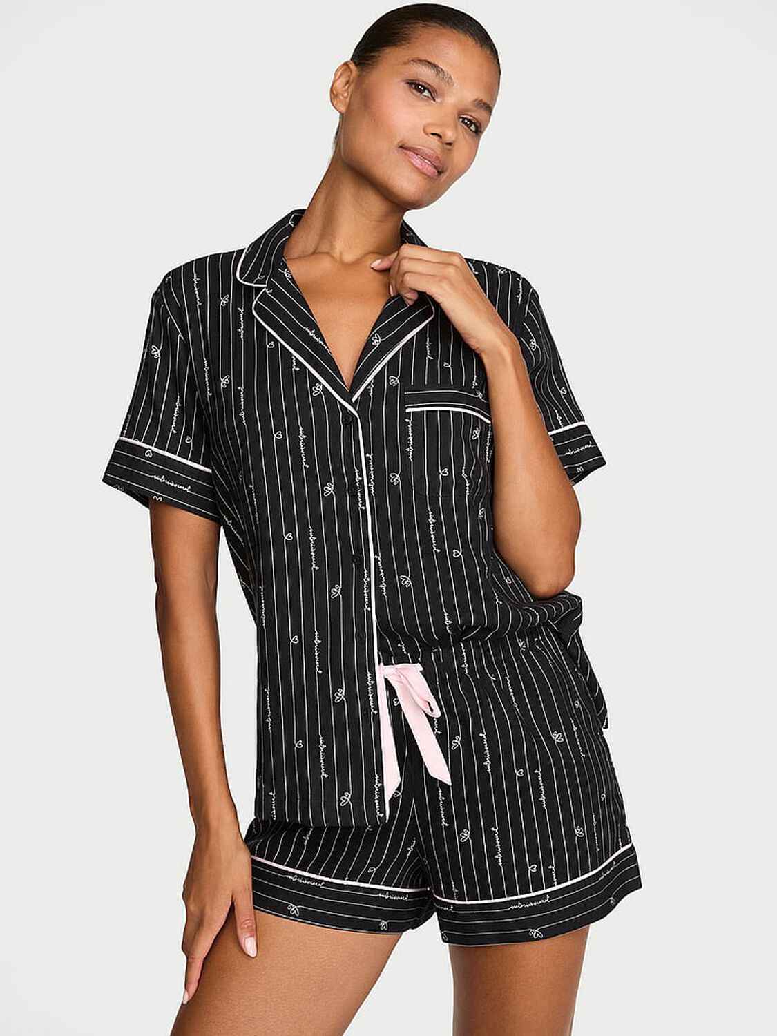 vs Victoria's Secret Flannel Short Pajama Set Black Heart Stripes 1 of 2 