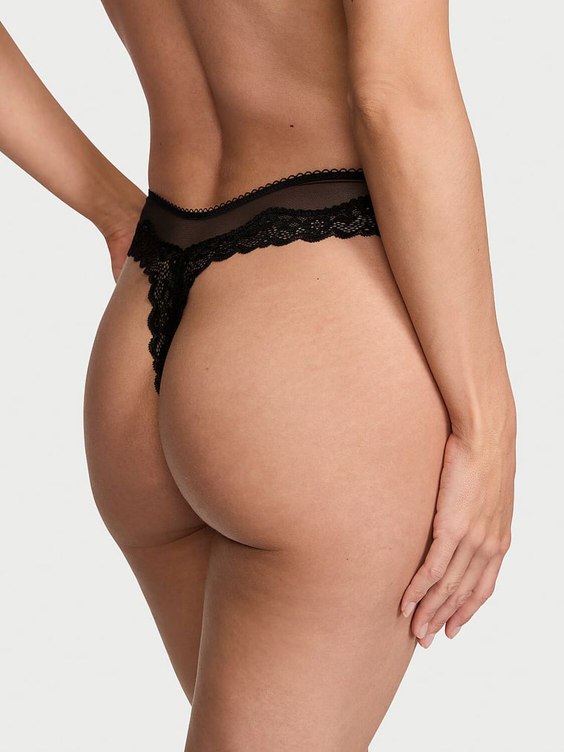 vs Victoria's Secret Tease Mesh Lace-Trim High-Leg Thong Panty Black 2 of 3 