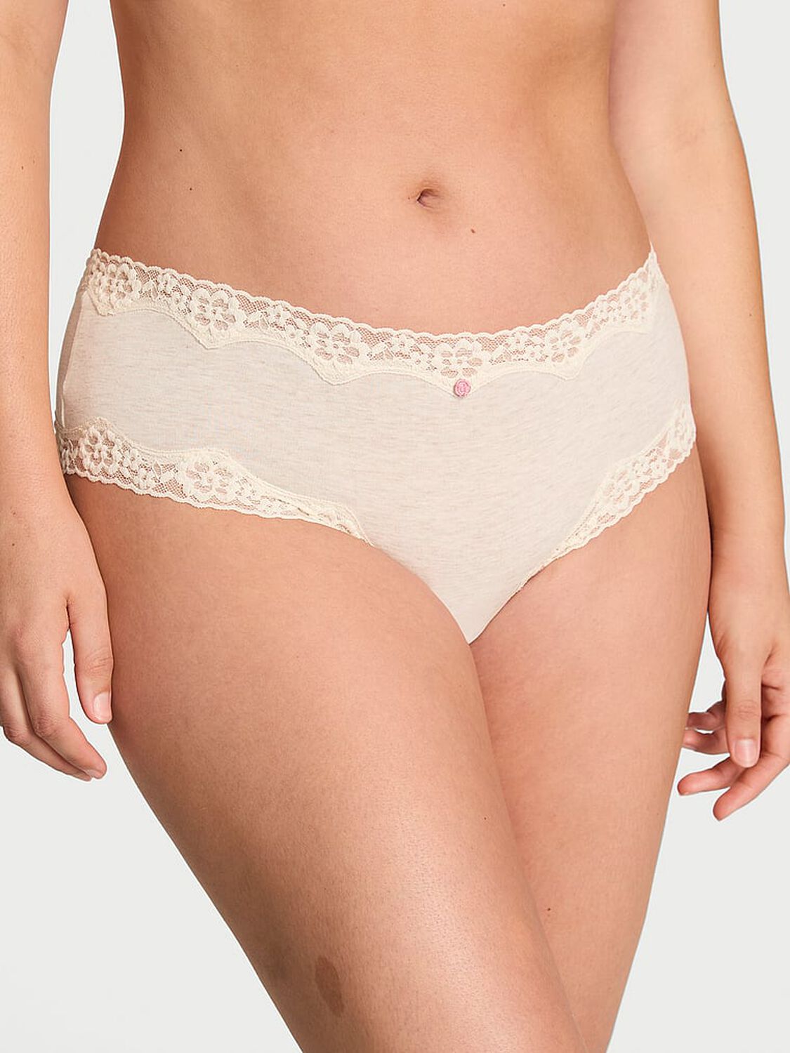 vs Lace Trim Cotton Lace-Waist Cheeky Panty Heather Natural 1 of 2 