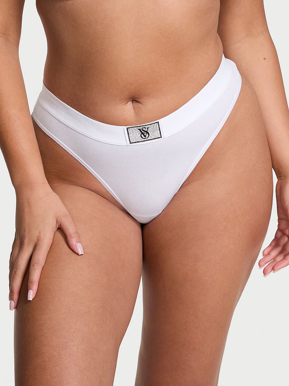 vs Cotton Logo Cotton Shine Patch Thong Panty Vs White 1 of 2 