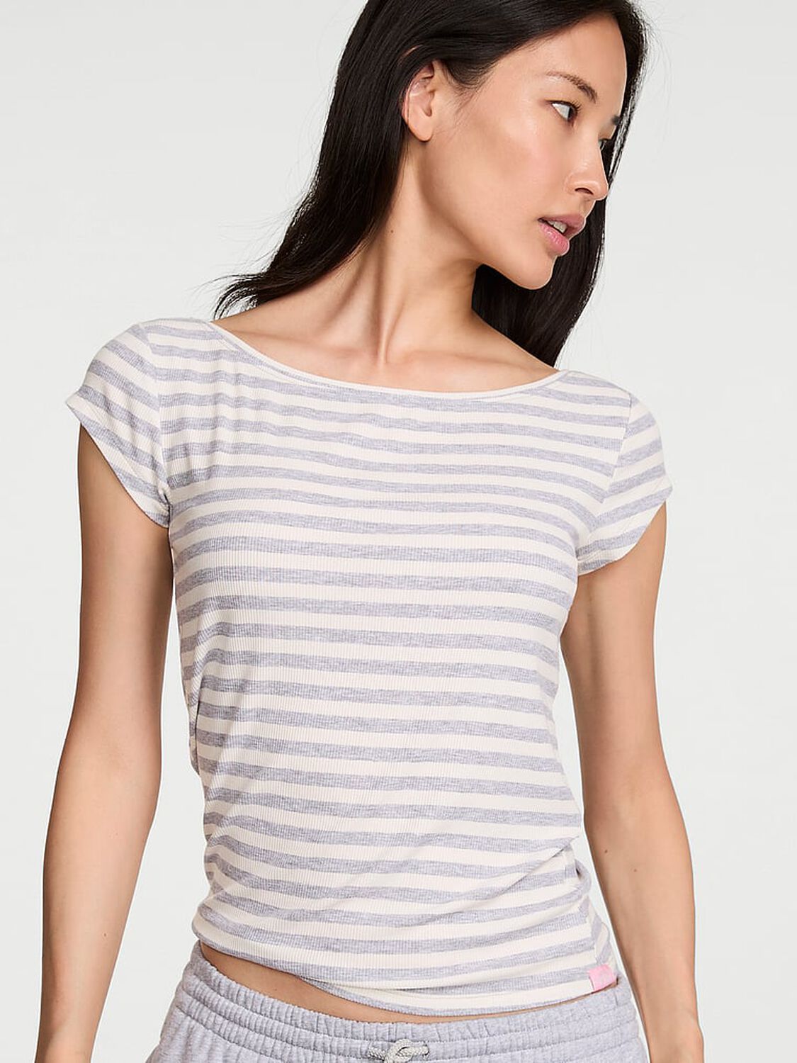 vs Angel Essentials VS Iconic Rib Boatneck Tee Medium Heather Grey Stripes 1 of 3 
