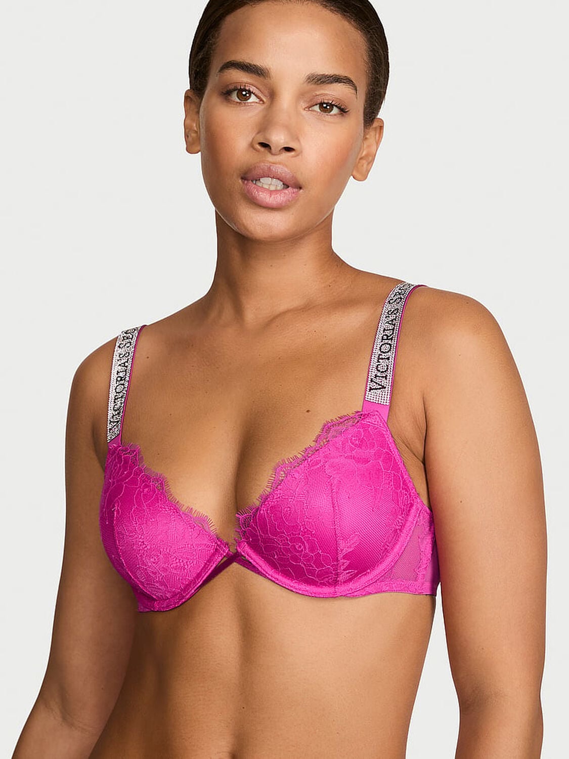 vs Very Sexy Shine Strap Rose Lace Lightly Lined Low-Cut Demi Bra Pink Fire 1 of 2 