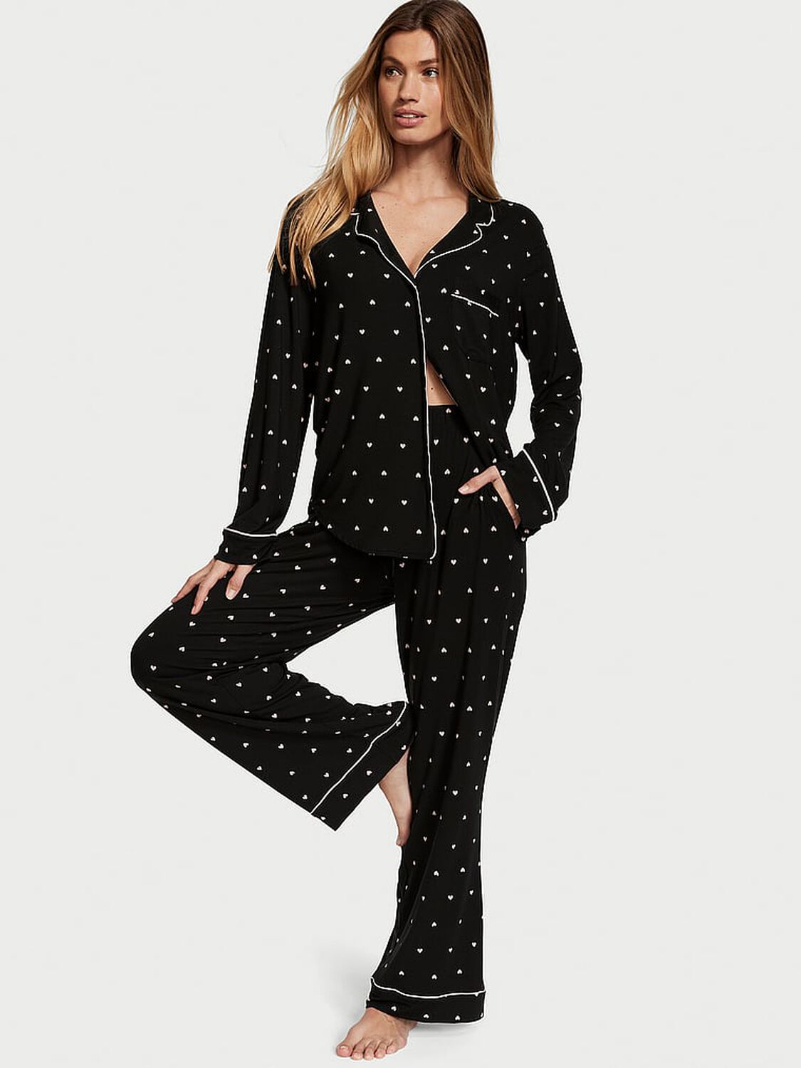 vs Victoria's Secret Modal Long Pajama Set Black Heart Dot 1 of 4 