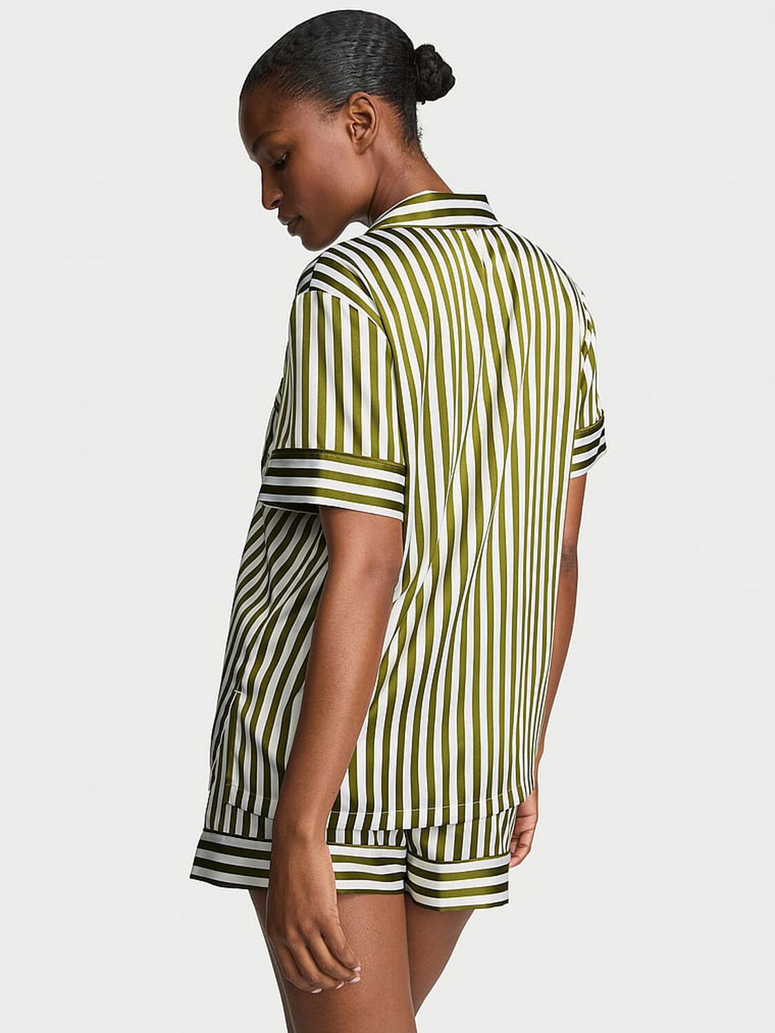 vs Victoria's Secret Glazed Satin Short Pajama Set Green Chamelon/Coconut White Stripe 2 of 3 