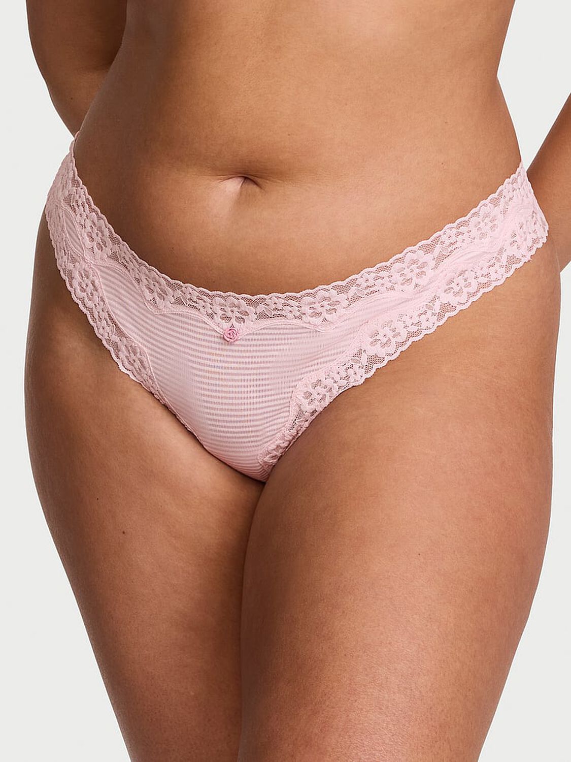 vs Lace Trim Cotton Shadow Stripe Lace-Waist Thong Panty Angel Pink 1 of 3 
