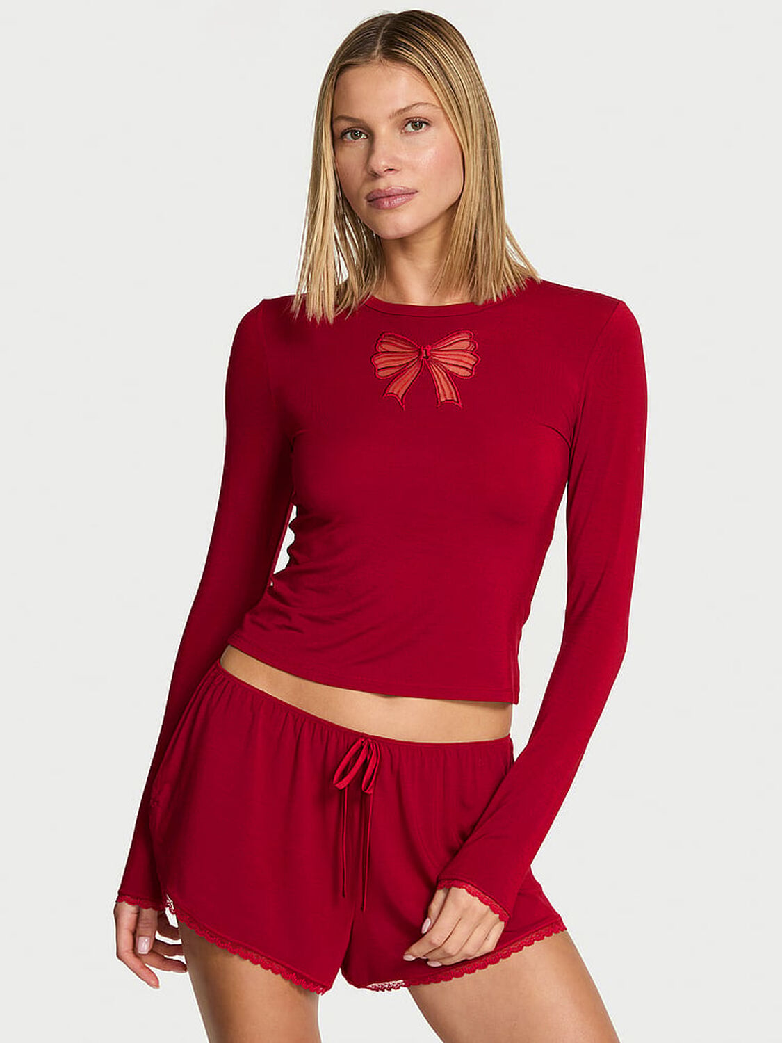 vs Victoria's Secret Modal Soft Bow Long-Sleeve Tee & Short Set Red Lacquer 1 of 2 