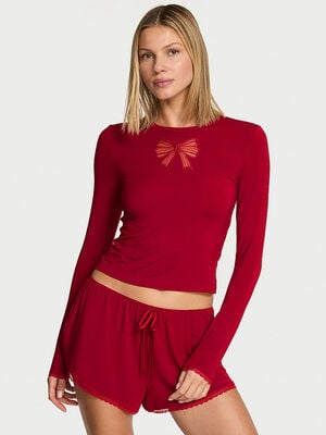 Modal Soft Bow Long-Sleeve Tee & Short Set