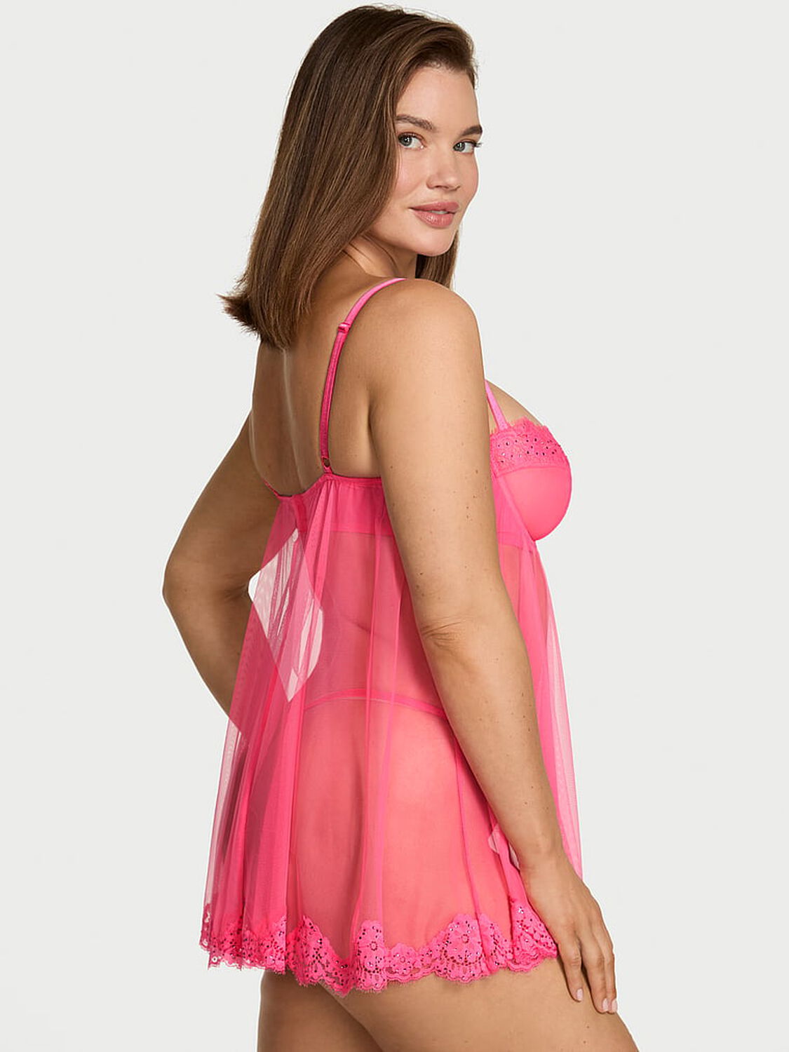 vs Dream Angels Twinkle Chiffon Balconette Babydoll Set Bombshell Pink 2 of 3 