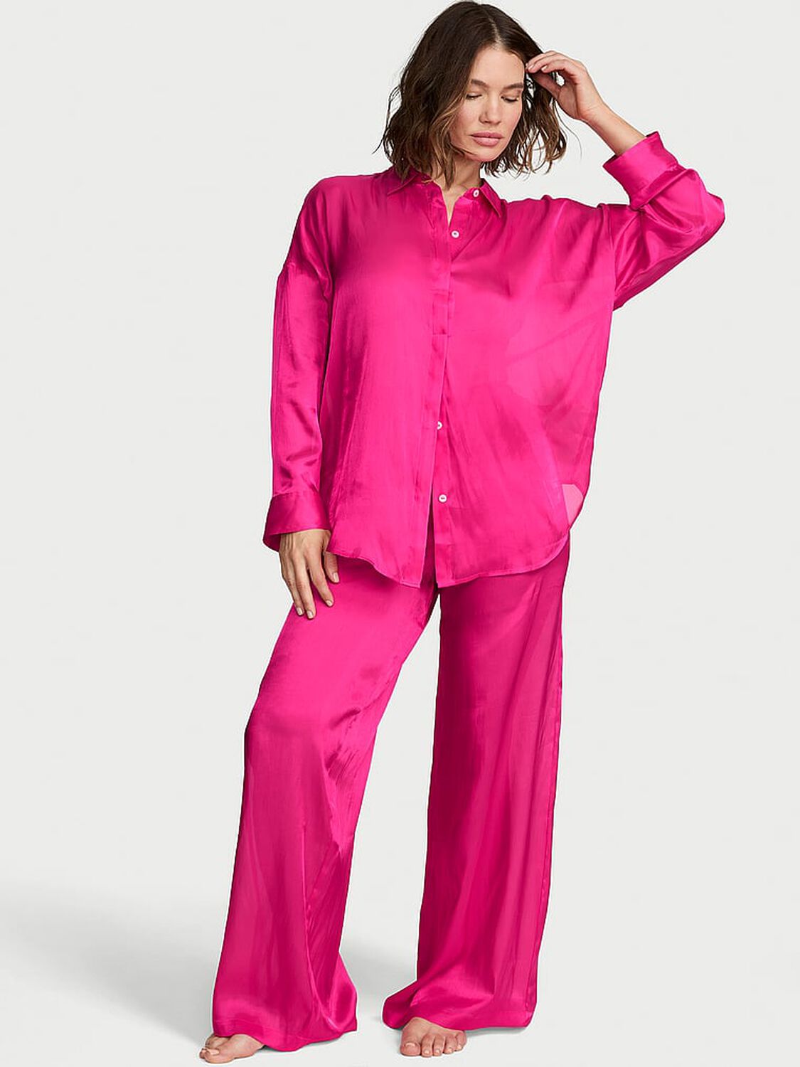 vs Victoria's Secret Luxe Sheer Satin Wide-Leg Pant Pop Pink 1 of 3 