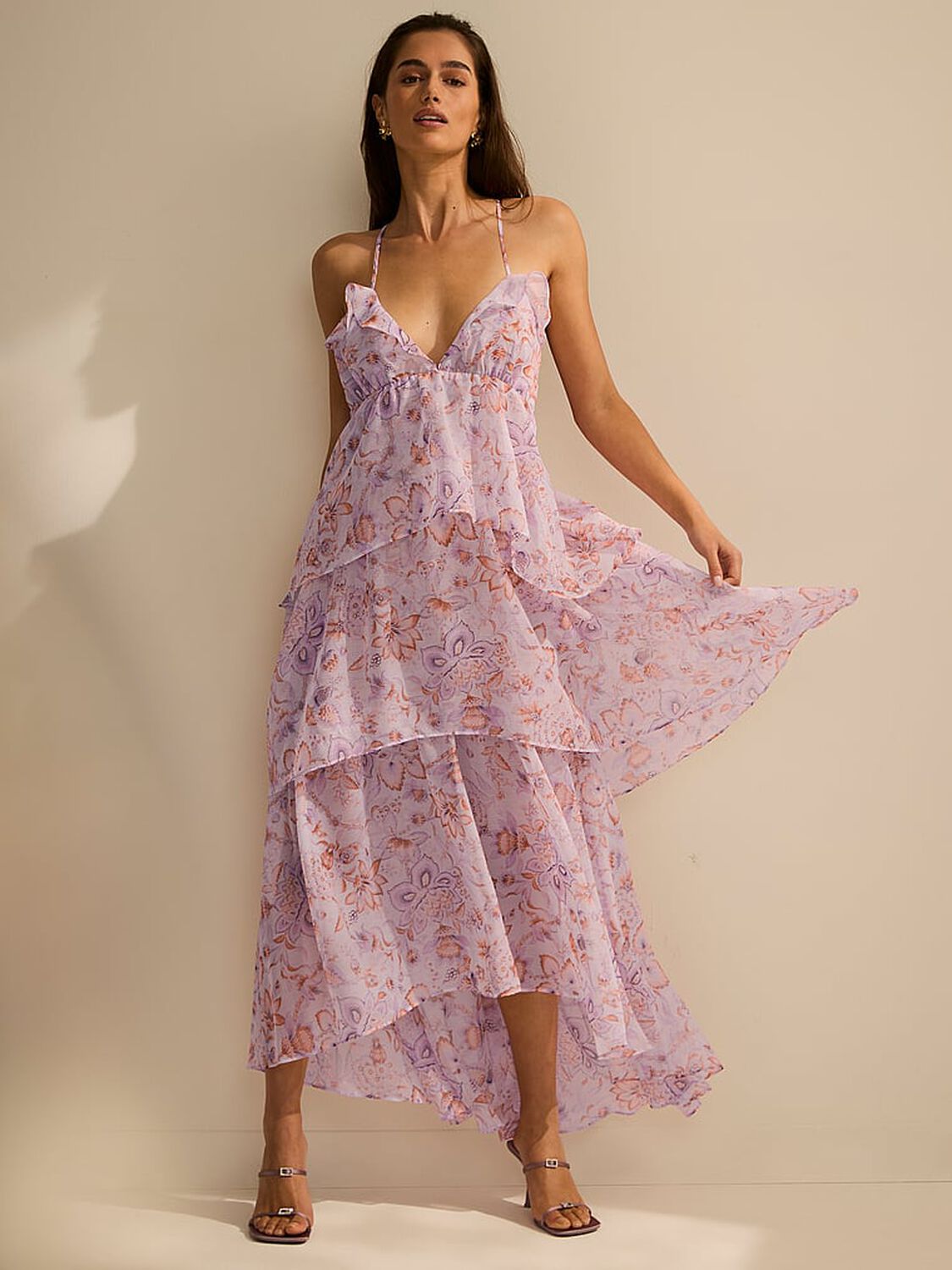 vs Victoria's Secret Vintage Blossom Chiffon Ruffled Maxi Dress Delicate Violet Floral 4 of 4 