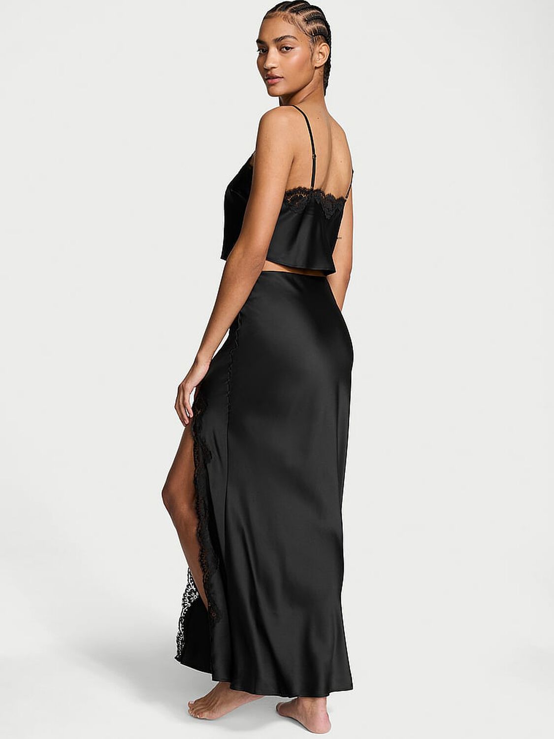 vs Victoria's Secret Satin Lace-Trim Cropped Top & Slip Skirt Set Black 2 of 3 
