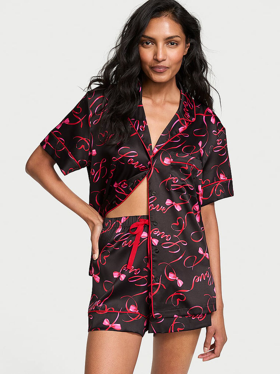 vs Victoria's Secret Glazed Satin Short Pajama Set Black Script 1 of 4 