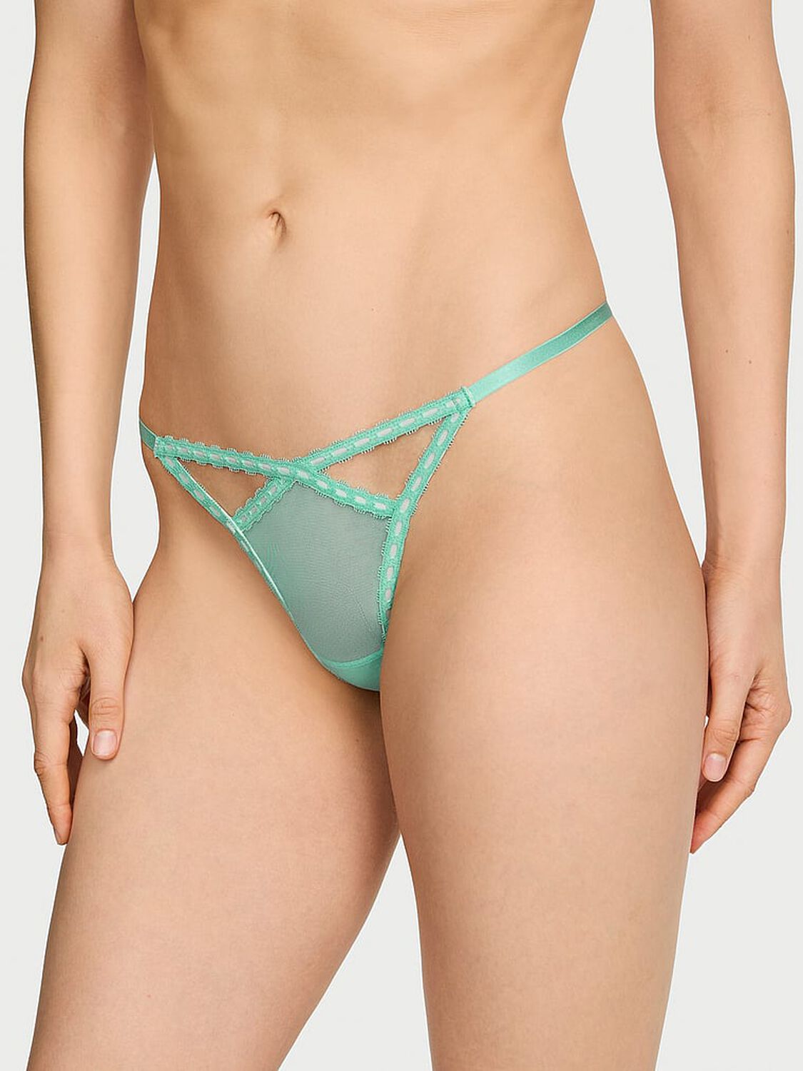 vs Dream Angels Ribbon Slot Mesh V-String Panty New Scuba Blue/Bliss 1 of 3 
