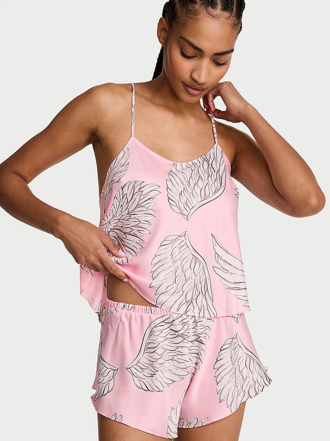 vs Victoria's Secret Satin Open-Back Cami & Shorts Set Angel Pink Wings 1 of 4 