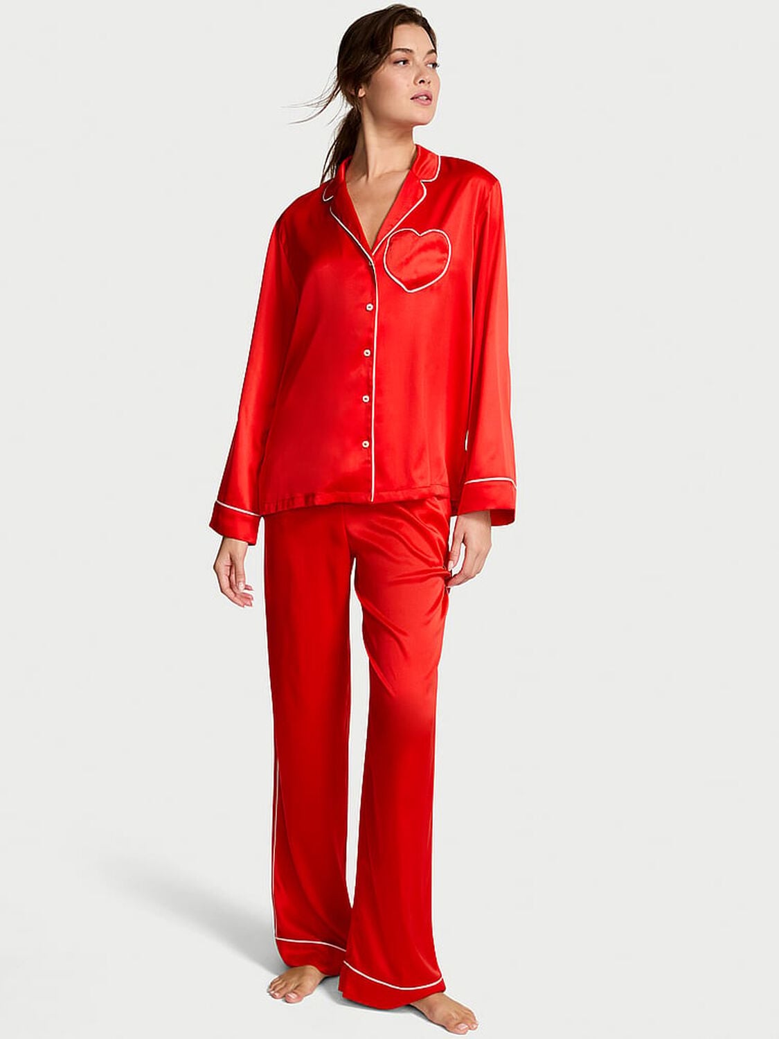 vs Victoria's Secret Glazed Satin Heart Long Pajama Set Bright Vermillion W Heart Pocket 1 of 2 