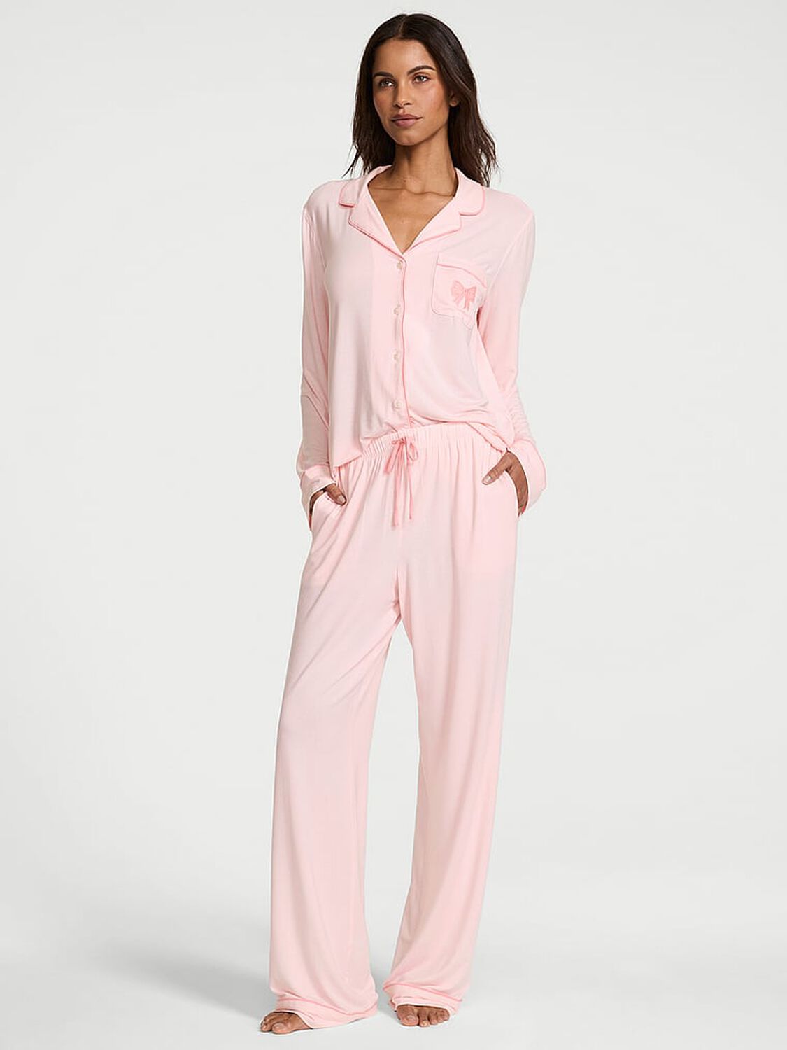 vs Victoria's Secret Modal Soft Bow Long Pajama Set Angel Pink W Bow 1 of 3 