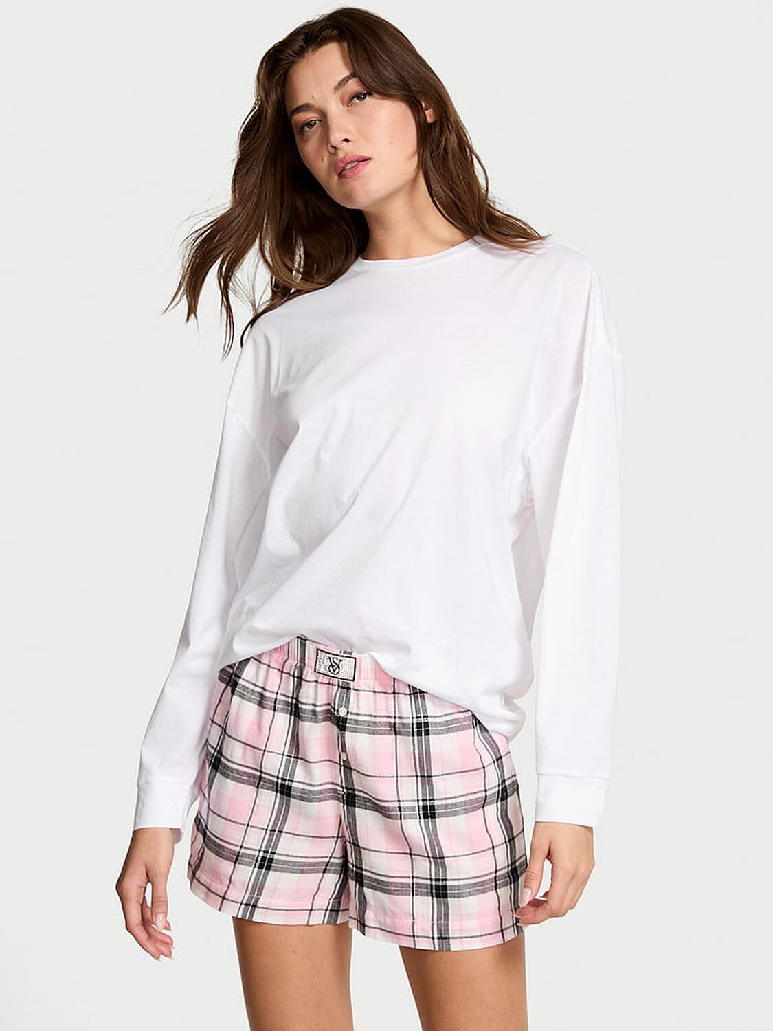 vs Victoria's Secret Flannel Long-Sleeve Short Tee-Jama Set Coconut White/Black Gold Lurex Stripe Yd 2 of 3 