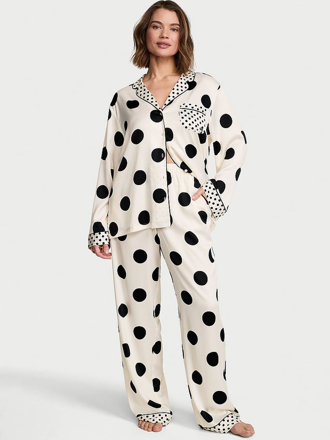 vs Victoria's Secret Signature Satin Long Pajama Set Tan & Black Dots 1 of 3 