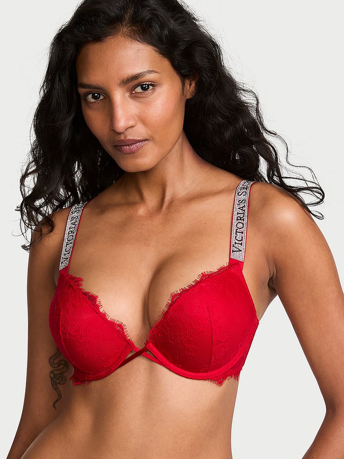 vs Very Sexy Bombshell Add-2-Cups Shine Strap Rose Lace Push-Up Bra Lipstick 1 of 3 