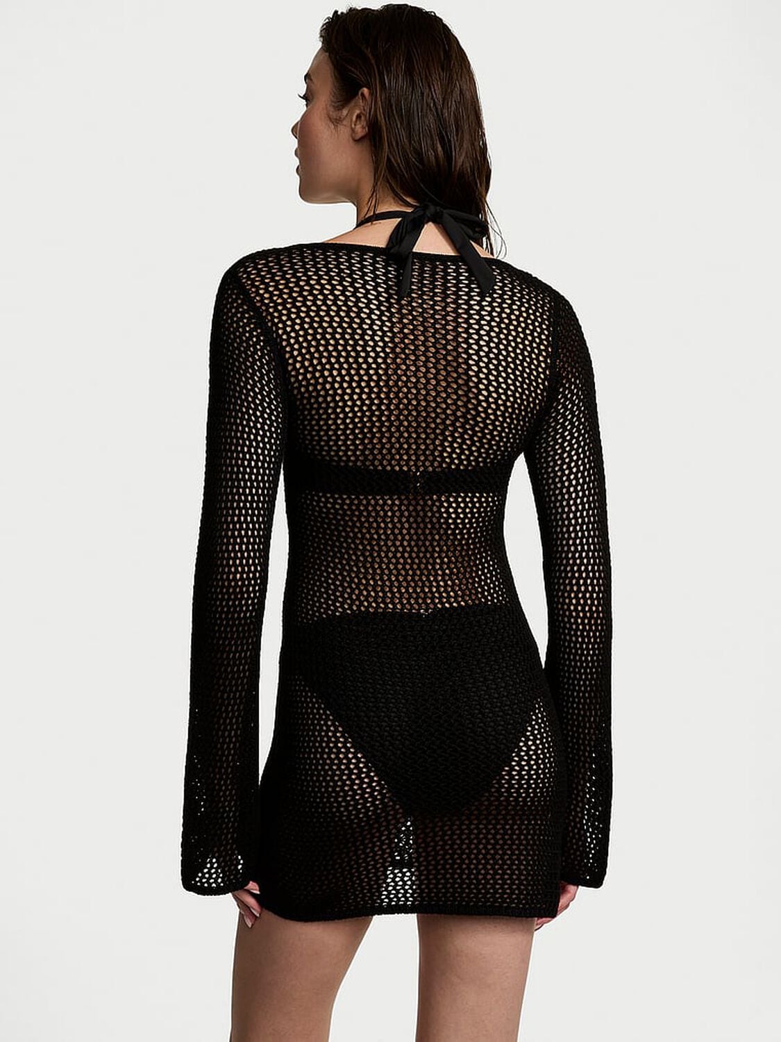vs Victoria's Secret Swim Beachwear Crochet Long-Sleeve Mini Dress Pure Black 2 of 3 