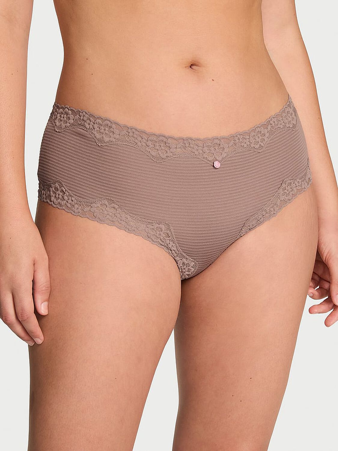 vs Lace Trim Cotton Shadow Stripe Lace-Waist Cheeky Panty Iced Coffee 1 of 2 