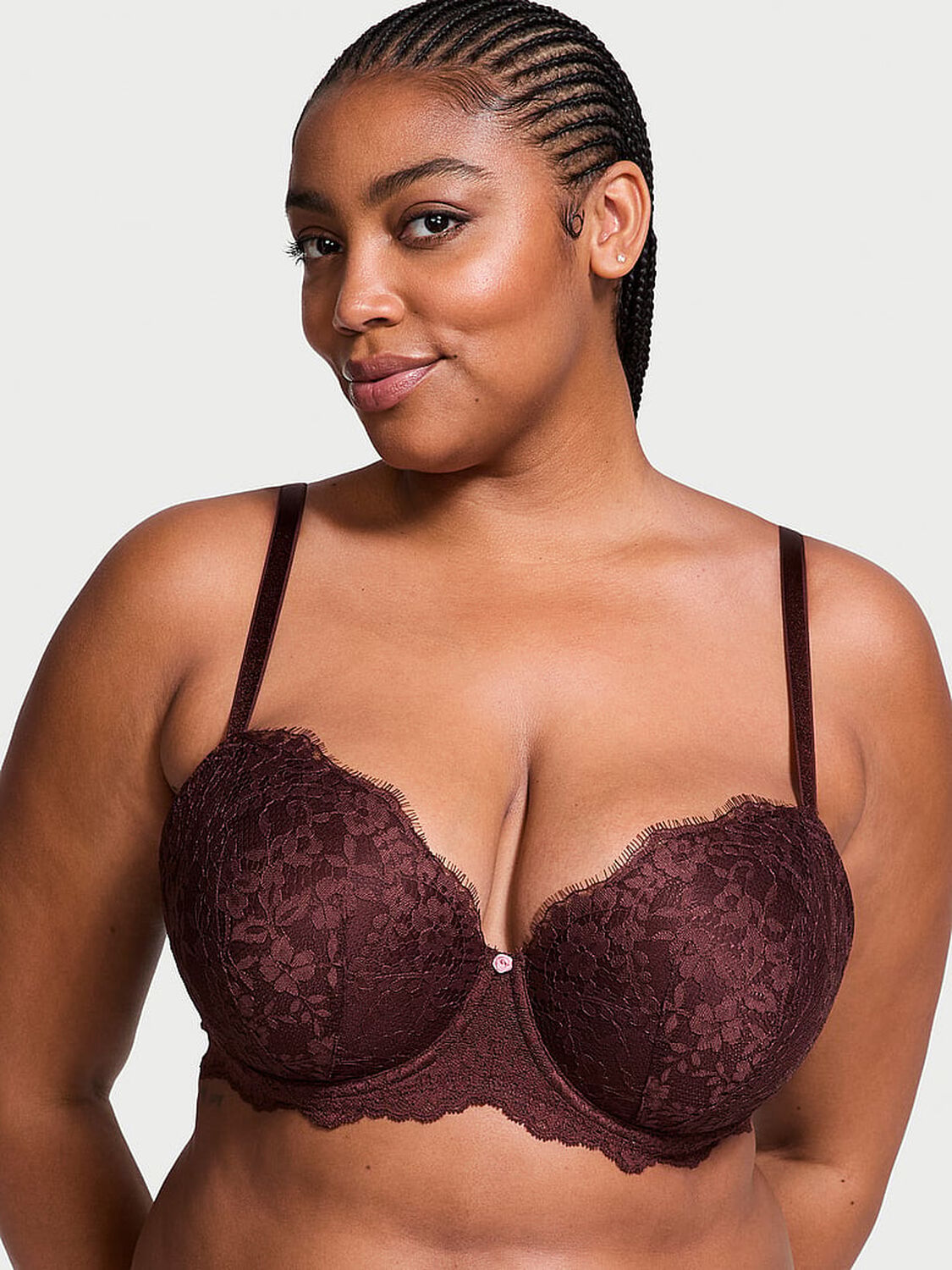vs Dream Angels Lace Lightly Lined Classic Coverage Demi Bra Burgundy Brown 1 of 4 